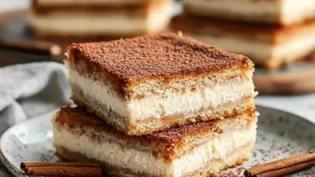 three different views of cheesecake bars stacked on top of each other with the words, churro cheesecake bars