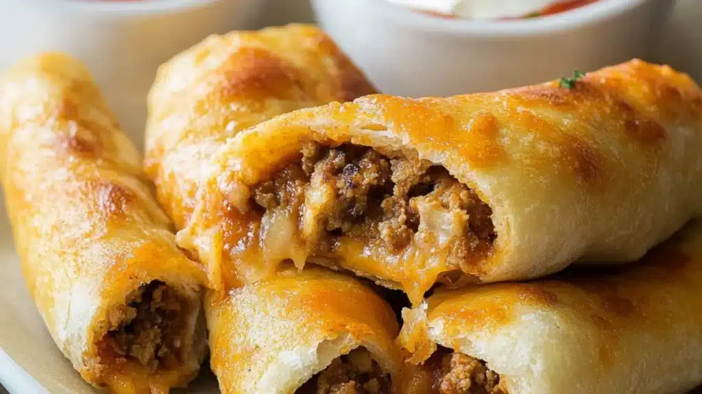 cheese taco sticks on a white plate with sauce in the middle and other food items