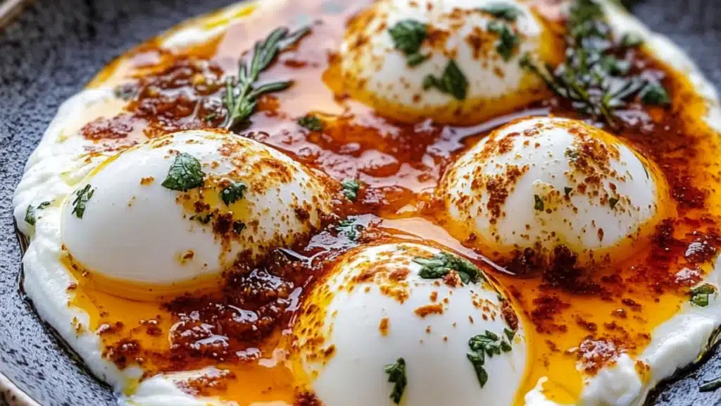 two plates filled with different types of food on top of each other and the words turkish eggs above them