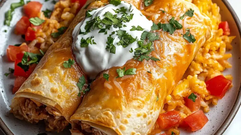 chicken chimichangas on a plate with rice and salsa