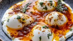 two plates filled with different types of food on top of each other and the words turkish eggs above them