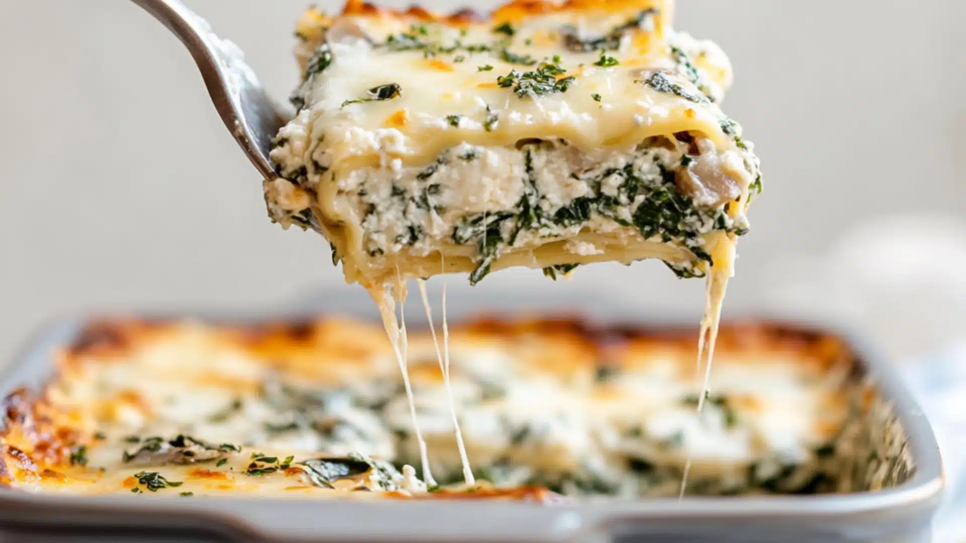 creamy spinach mushroom lasagna with cheese and herbs