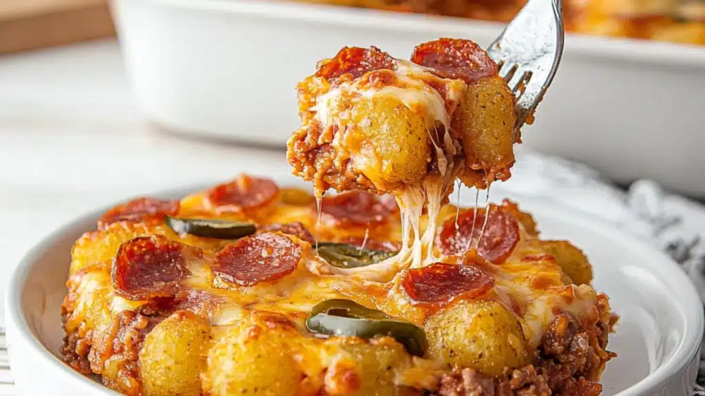 two different views of a pizza casserole with pepperoni and cheese