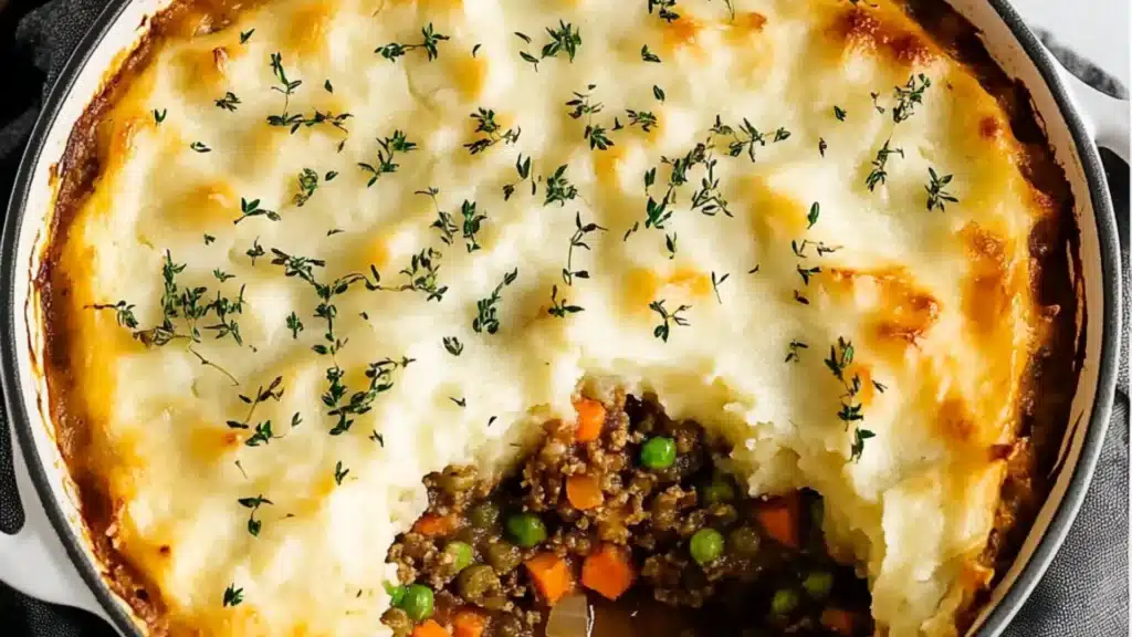 this is an image of a homemade shepherd's pie with cheese and meat in it