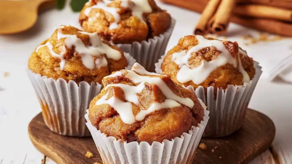 cinnamon roll muffins with icing drizzled over them on a white plate