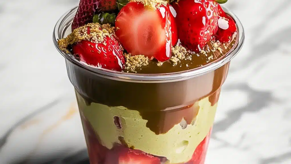 a dessert in a cup with strawberries on top