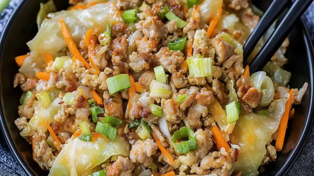 An instructional step-by-step video showing how to make a low-carb and keto Egg Roll in a Bowl recipe.