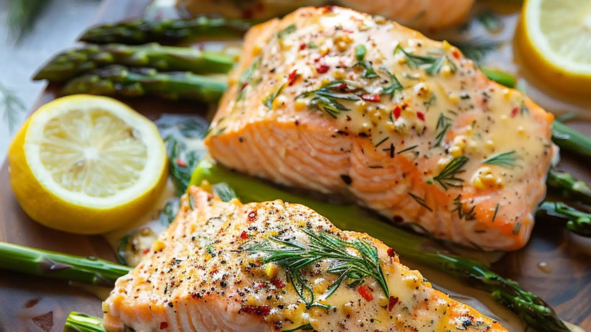 asparagus and lemon basil ricotta stuffed salmon rolls with lemon sauce on a white plate