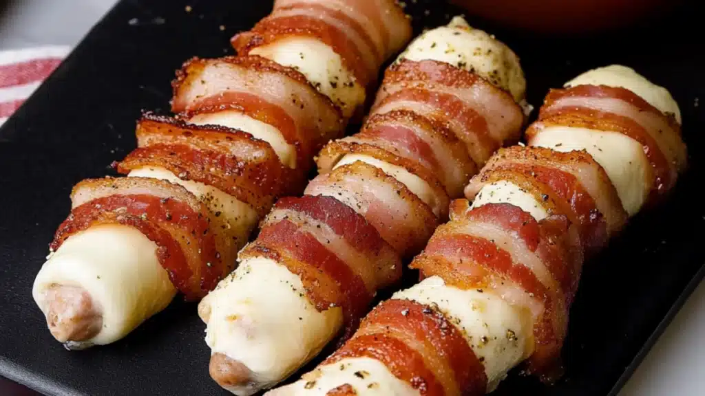 bacon wrapped in cheese on a black plate with dipping sauce next to the bowl full of ketchup