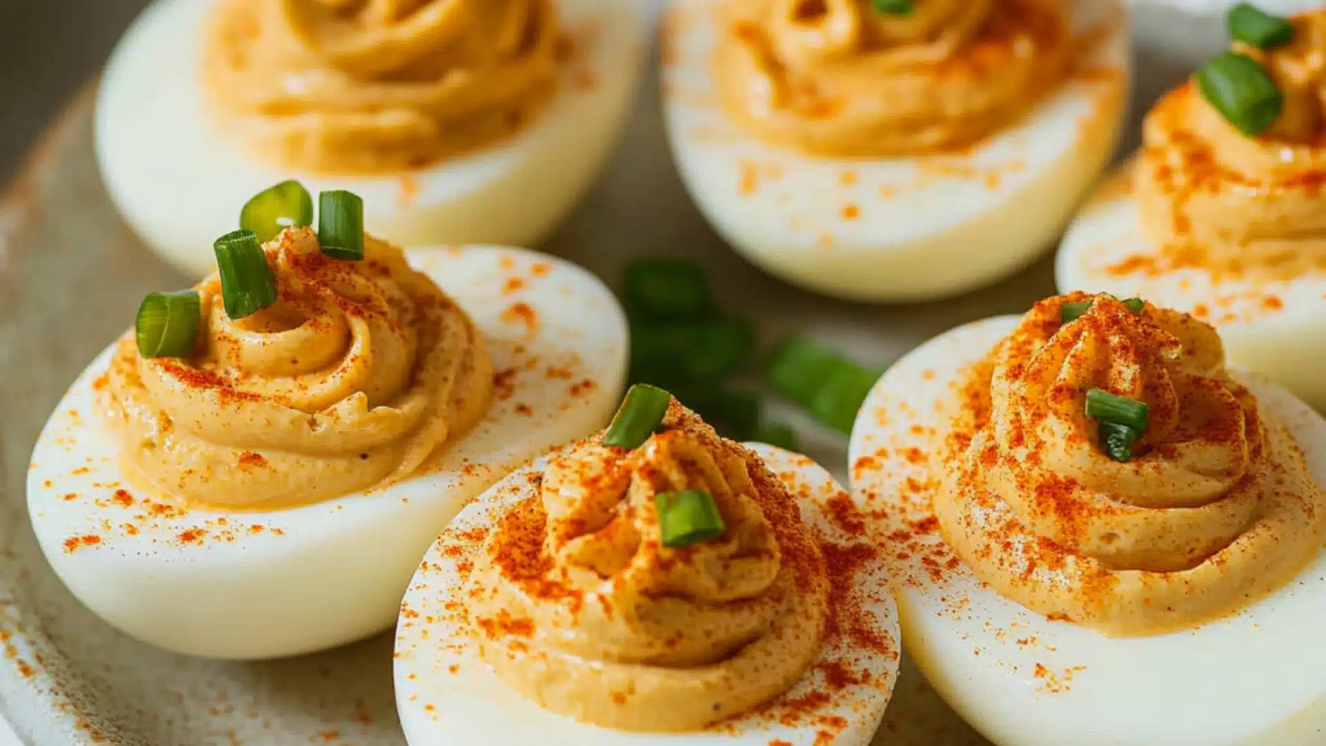 a white bowl filled with deviled eggs topped with sesame seeds and garnishes