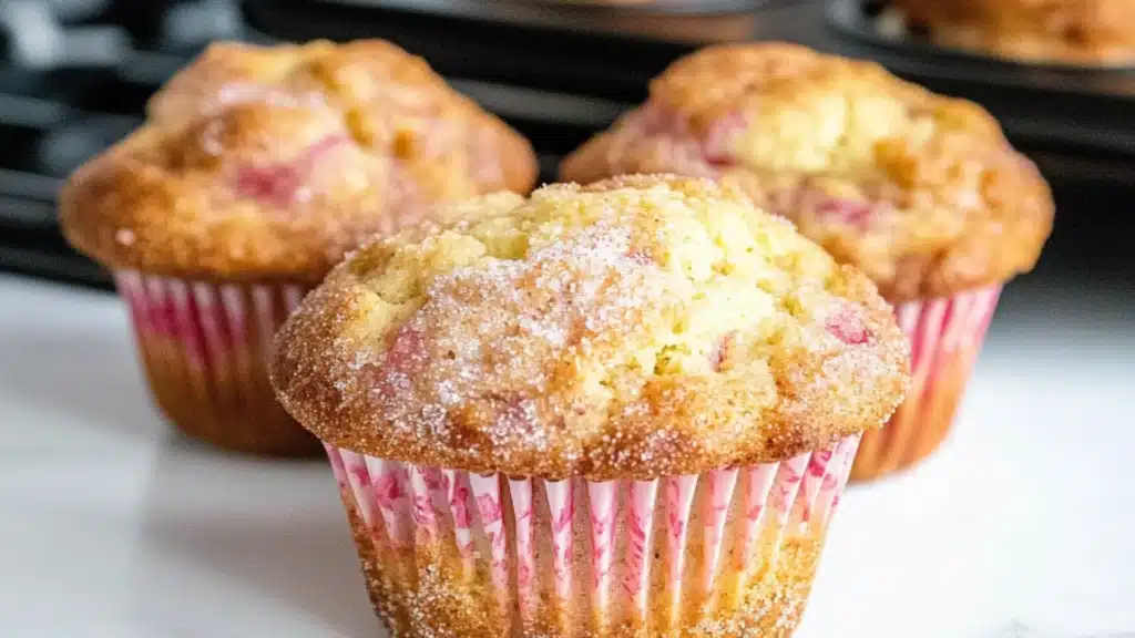 the cover of rhubarb muffins made with greek yogurt