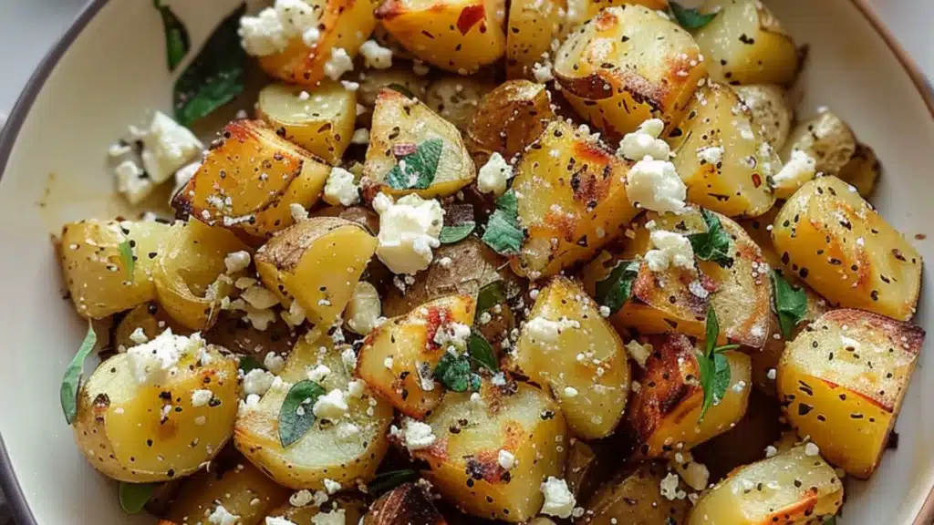 baked feta roast potatoes are an easy side dish recipe