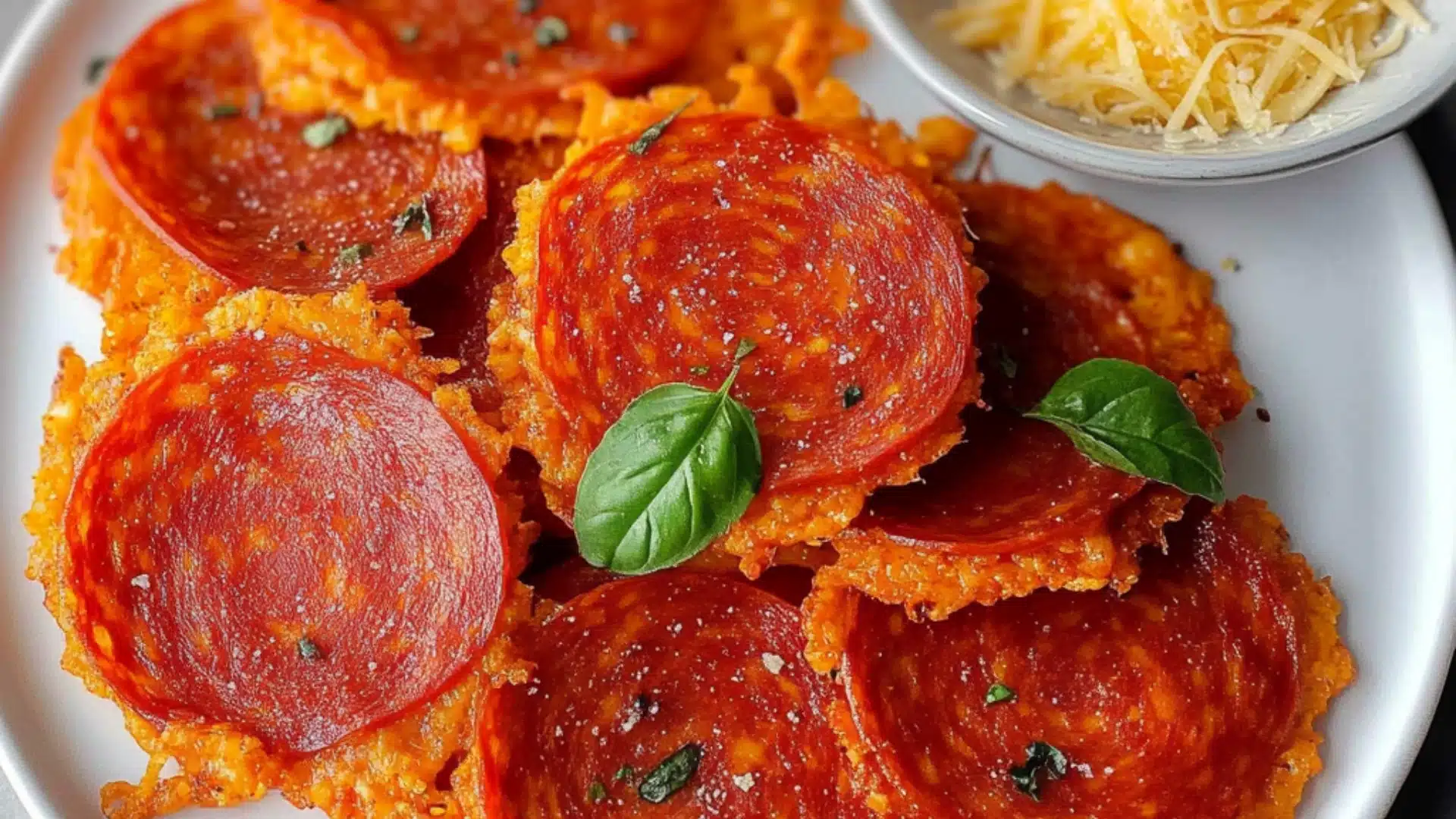 a white bowl filled with sliced up pizza chips