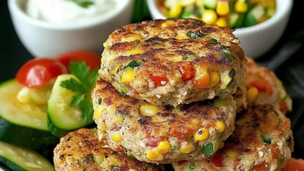 grilled vegetable cakes stacked on top of each other