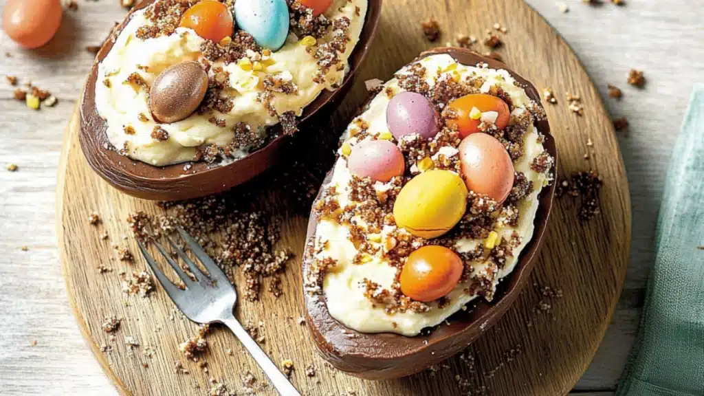 three desserts with chocolate, marshmallows and flowers on them are arranged in the shape of eggs