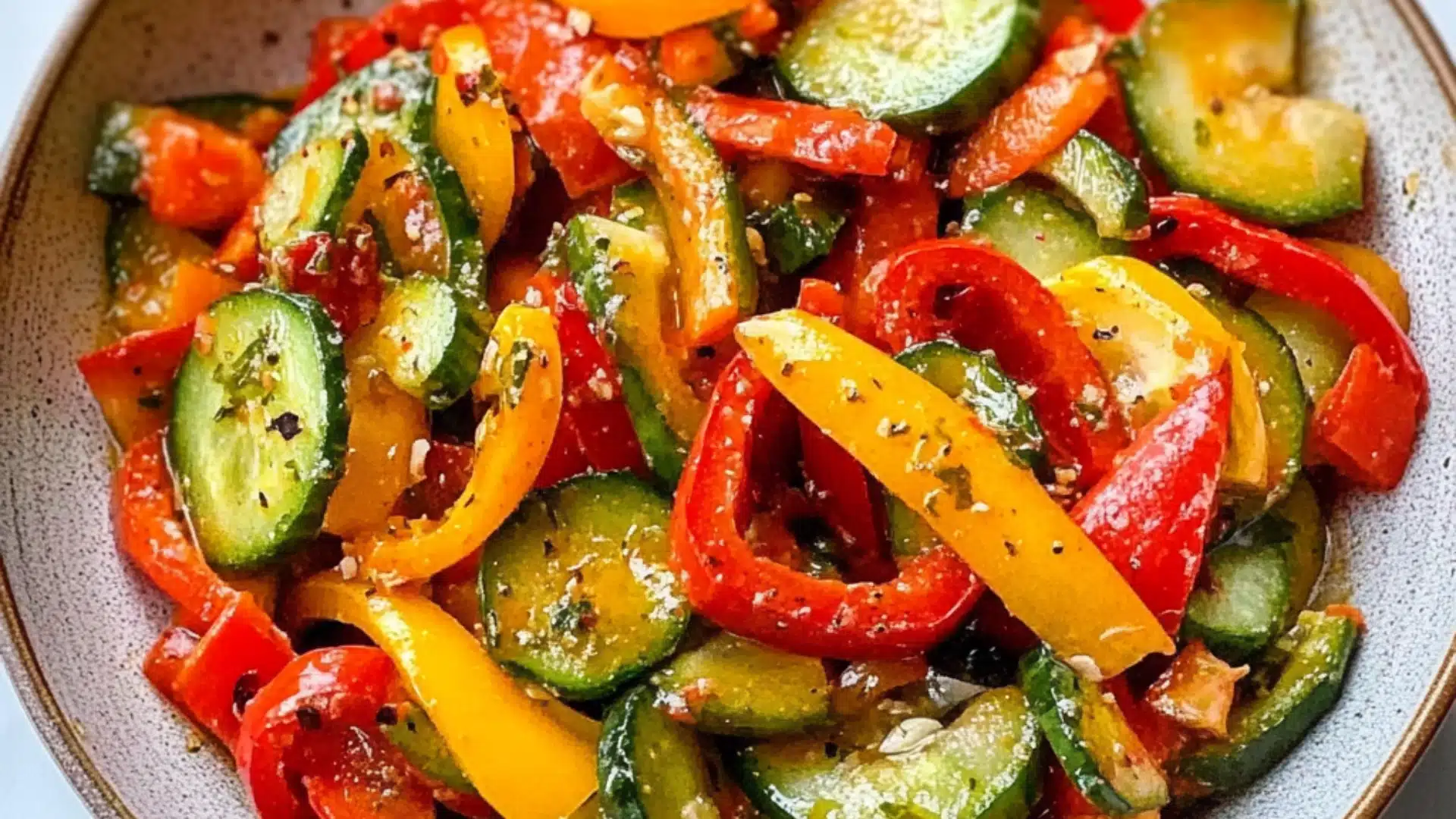 a bowl filled with cucumber and pepper salad