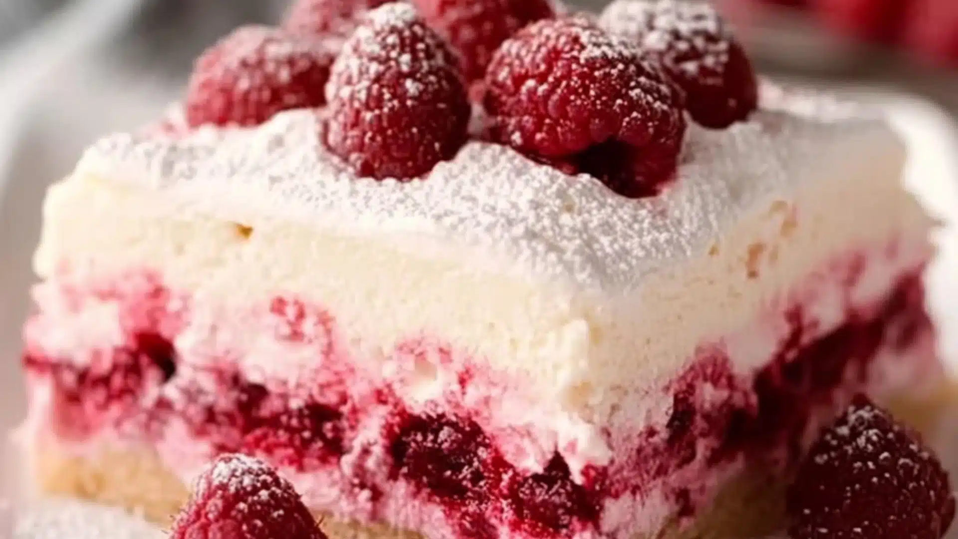 a white chocolate raspberry dessert on a plate