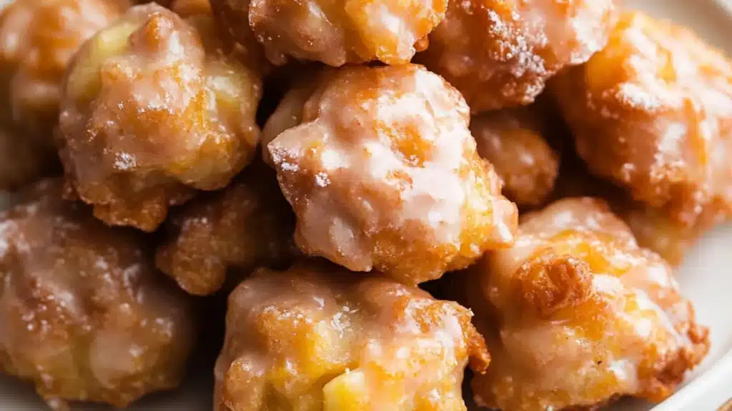 apple fritter bites on a plate with caramel sauce