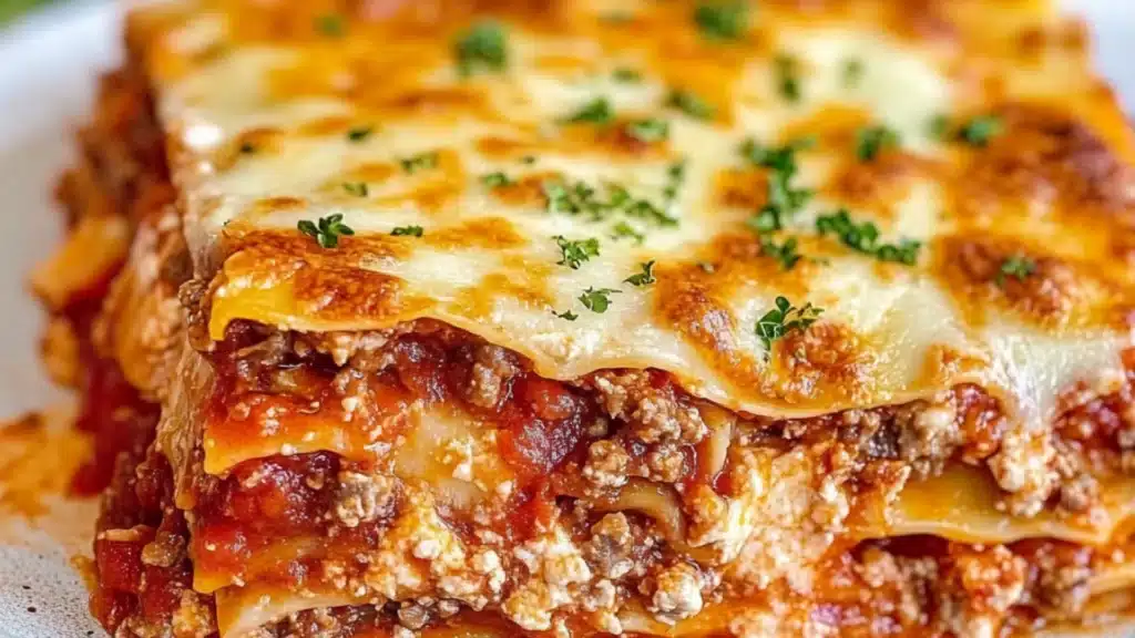 a close up of a plate of food with lasagna and cheese on it