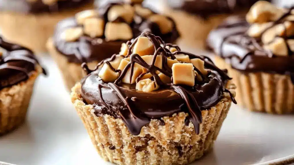mini chocolate peanut butter pies stacked on top of each other with text overlay