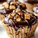 mini chocolate peanut butter pies stacked on top of each other with text overlay
