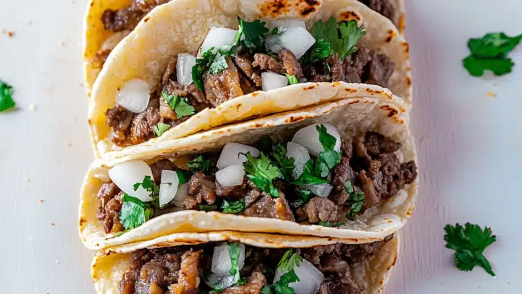 three tacos with meat, onions and cilantro