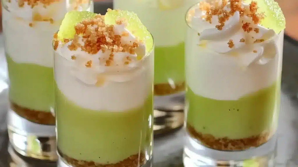 three small desserts with lime slices and whipped cream on top, sitting next to each other