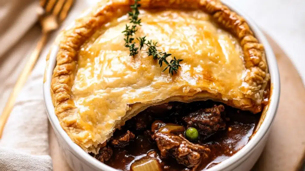 the ultimate comfort food guinness braised beef pot pie is ready to be eaten and served