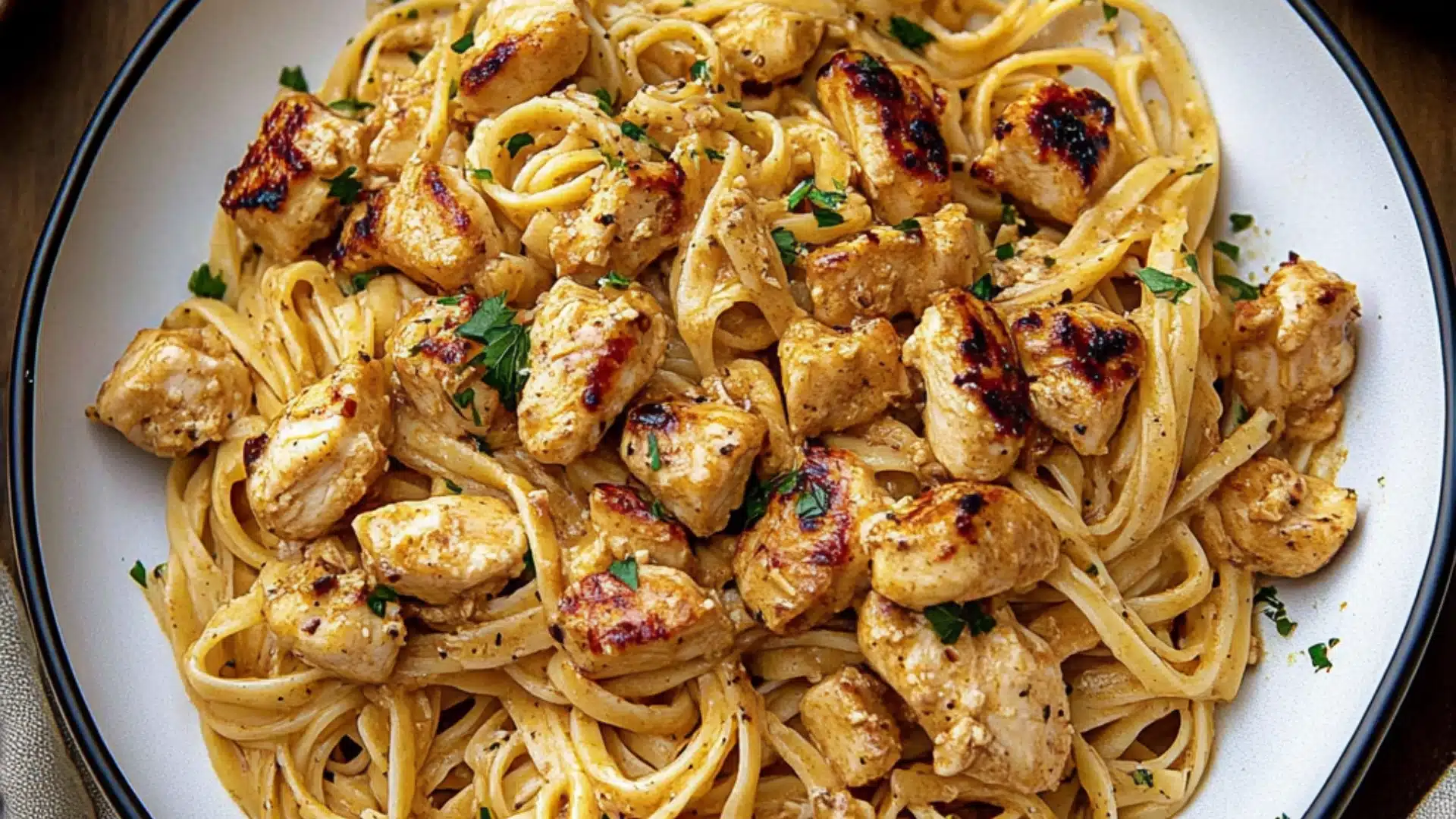 chicken linguine with text overlay that reads cowboy butter chicken linguine