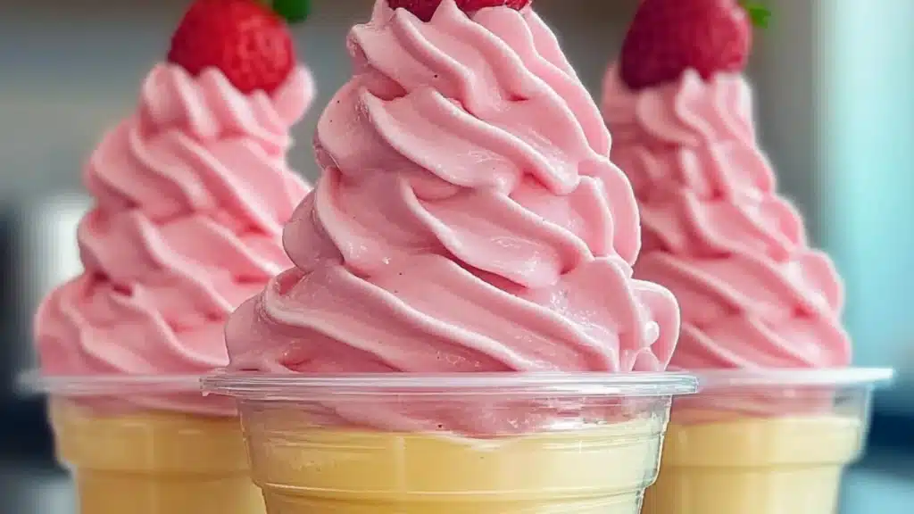 strawberry dole whip in a plastic cup with strawberries on top