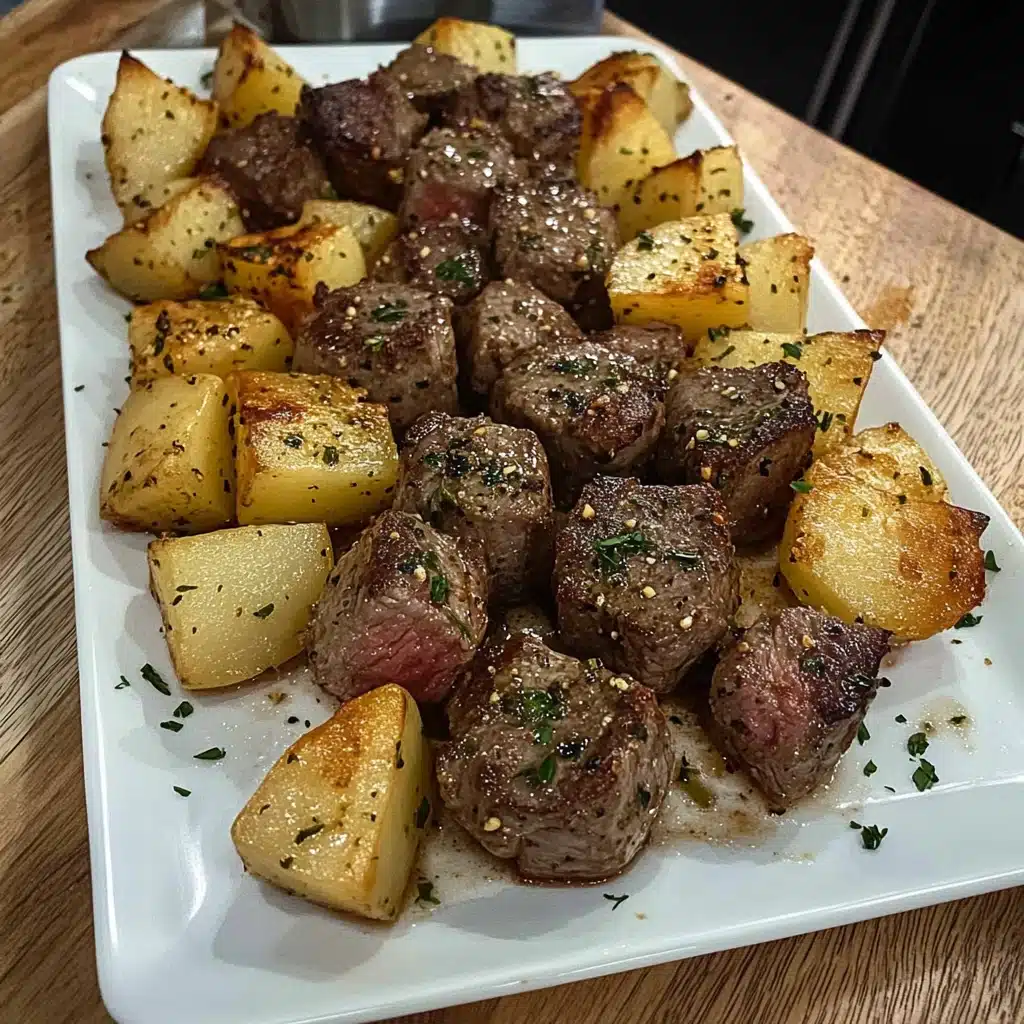 steak and potatoes in a skillet with text overlay that reads garlic steak bites and potatoes