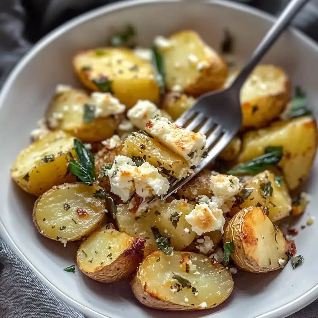 greek feta baked potatoes on a white plate with text overlay that reads, greek feta baked potatoes one pot potato side dish