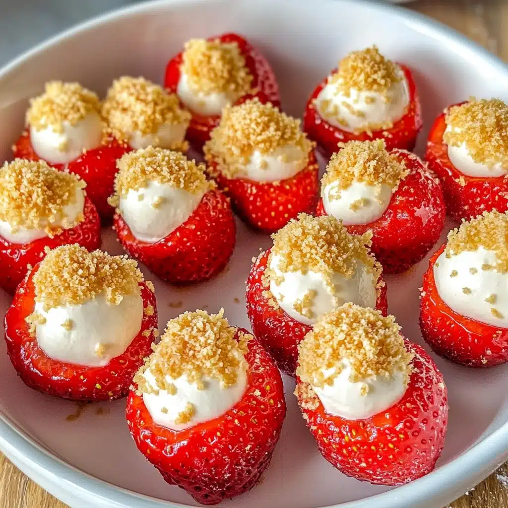A plate of strawberry cheesecake cups topped with white chocolate drizzle and garnished with fresh strawberries, perfect for springtime indulgence. These quick and easy cups bring together a creamy cheesecake filling, fresh fruit, and a graham cracke...