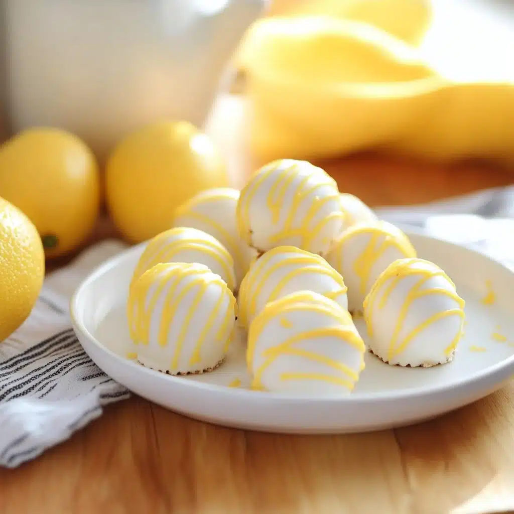 lemon truffles on a white plate with lemons in the background and text overlay