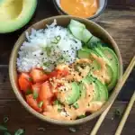 two bowls filled with different types of food and the words california roll sushi bowls