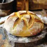 a loaf of bread sitting on top of a wooden table