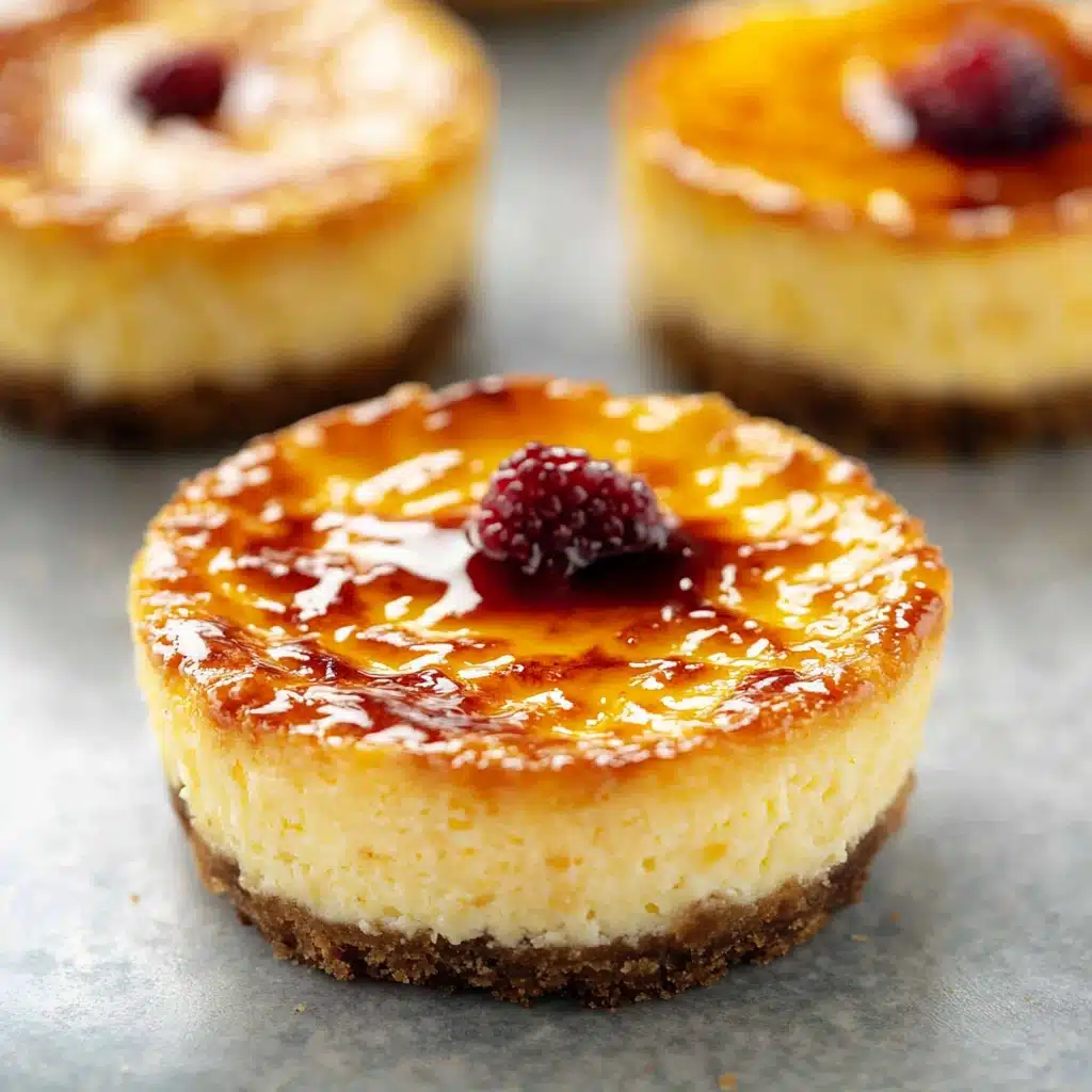 vanilla bean creme brulee cheesecake cupcakes on a white plate