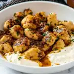 chicken bites with garlic sauce being drizzled over them on top of a plate