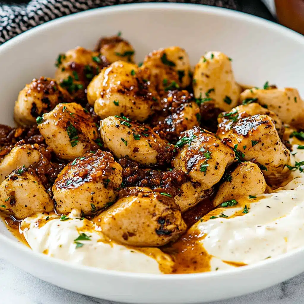 chicken bites with garlic sauce being drizzled over them on top of a plate
