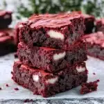 red velvet brownies are stacked on top of each other with the words, red velvet brownies