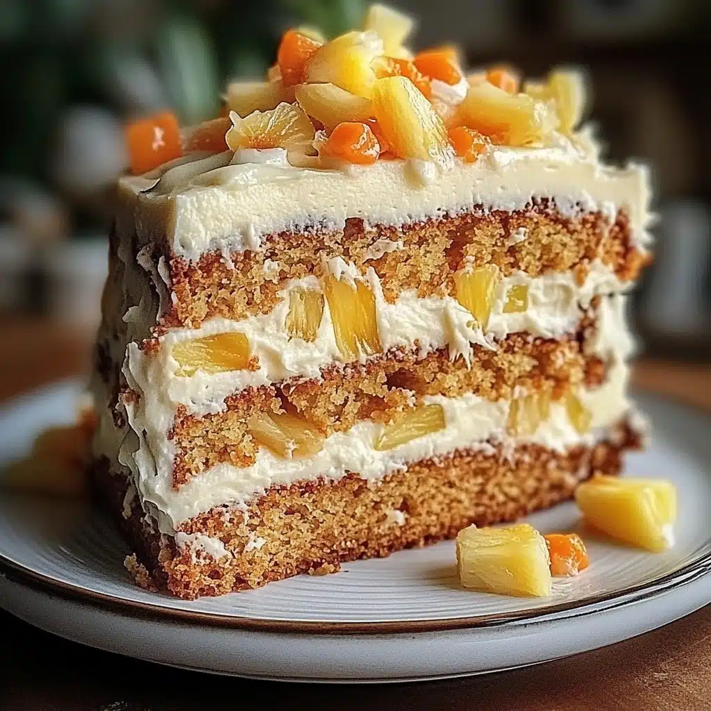 two pictures of a piece of cake with white frosting and pineapple toppings