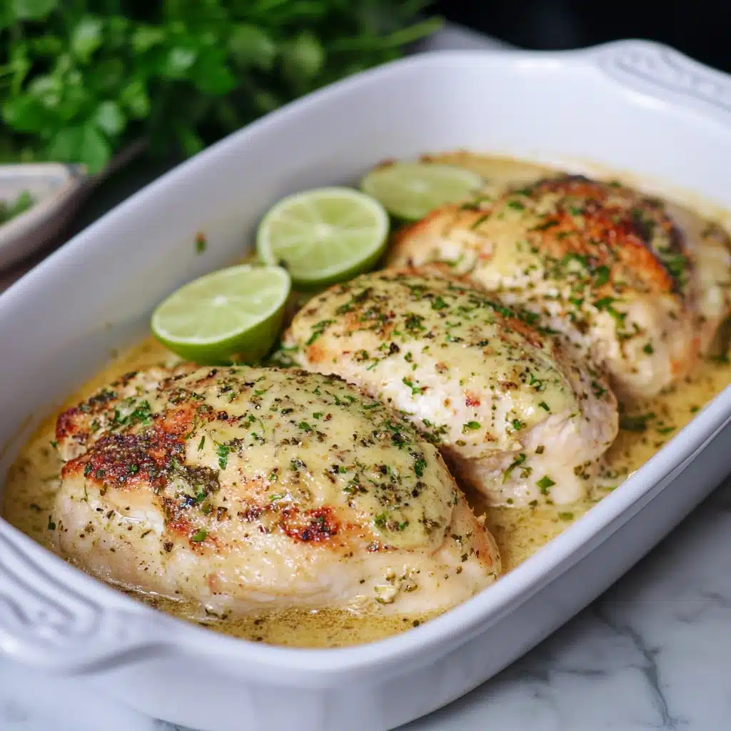 a casserole dish filled with chicken and topped with parsley next to a bottle of prima kitchen avocado lime baked chicken