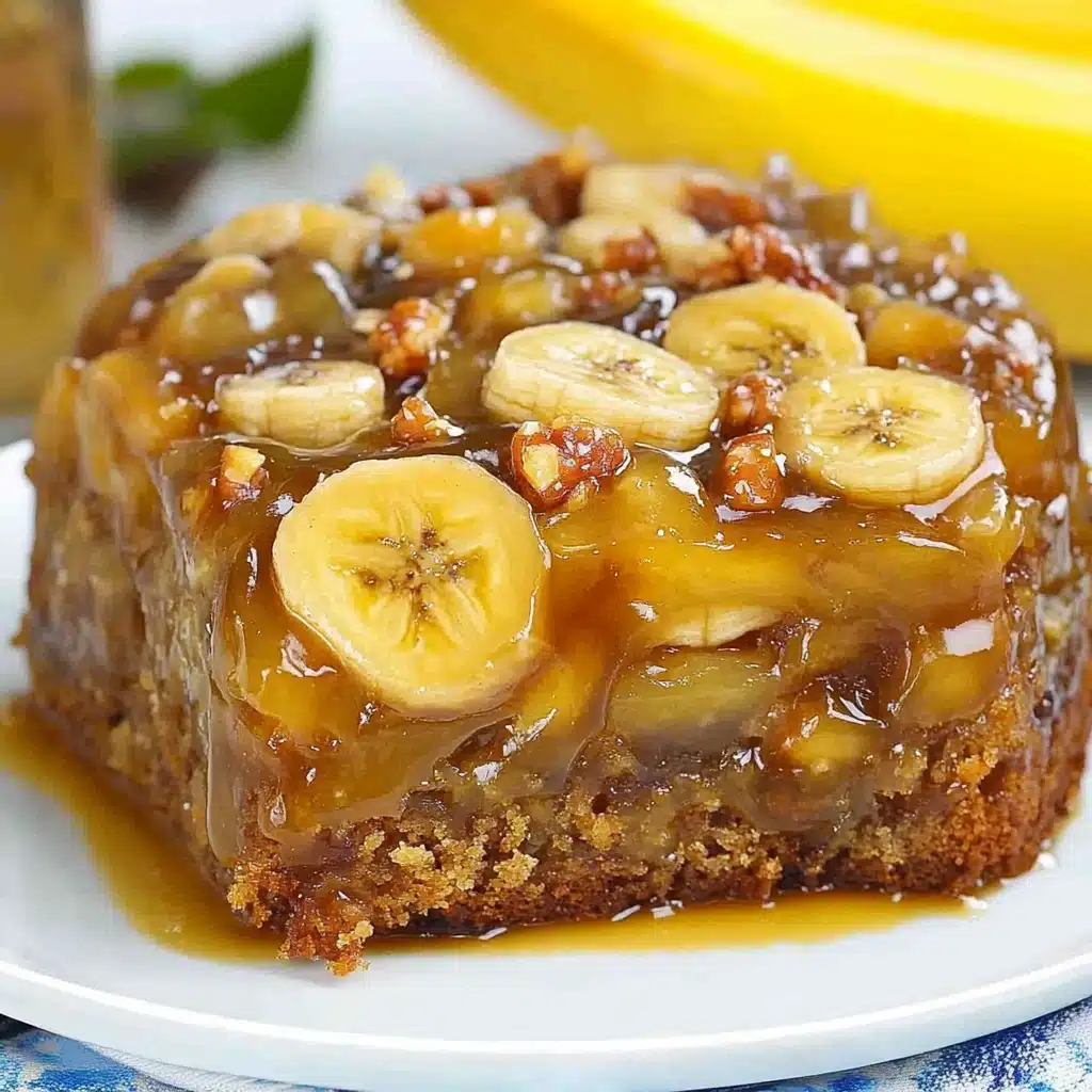 banana upside down cake with ice cream on top and bananas in the background text reads, banana upside down cake