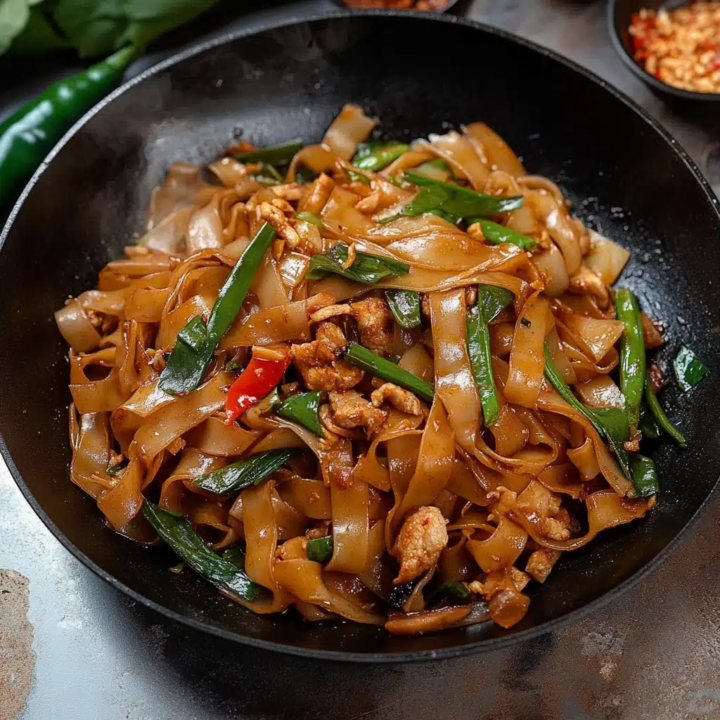 two pictures of stir fry noodles with chicken, peppers and green onions in a skillet