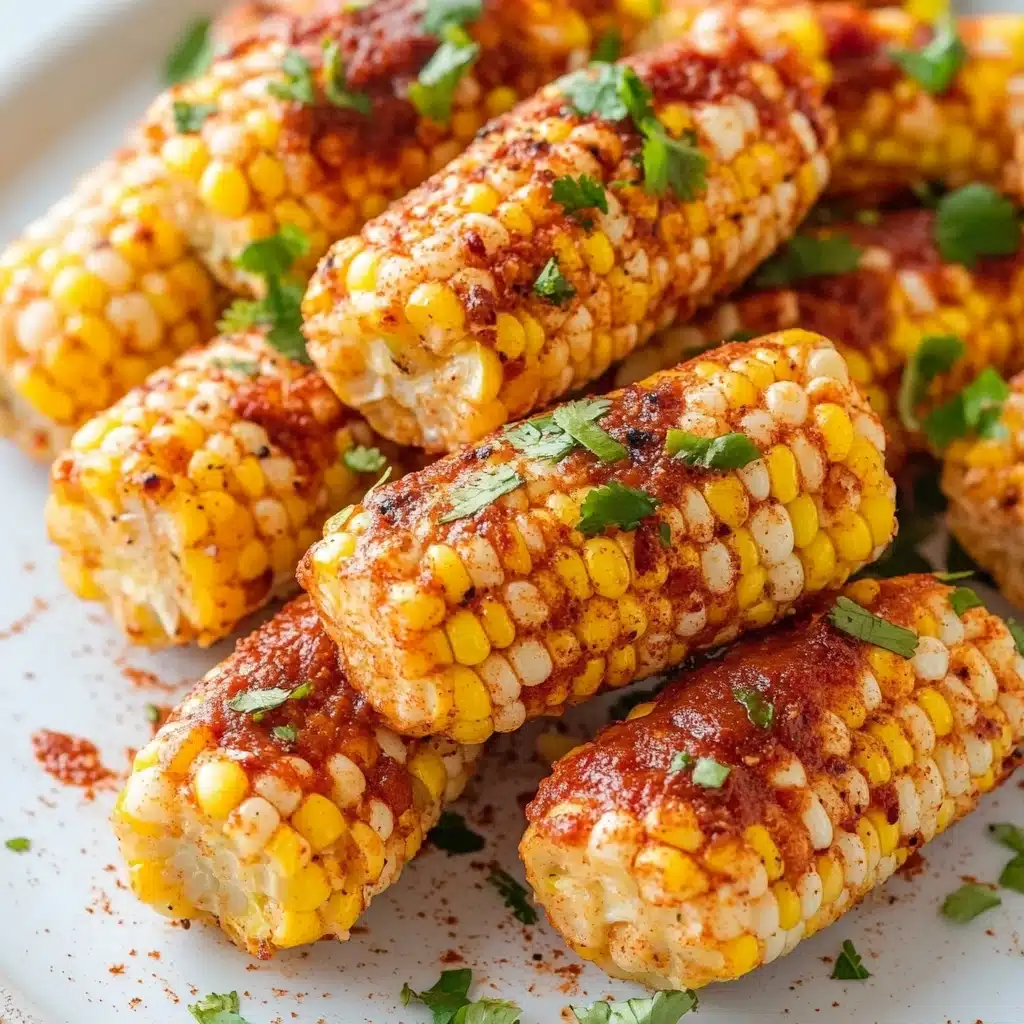 a black plate topped with corn covered in seasoning and garnished on top of a wooden table