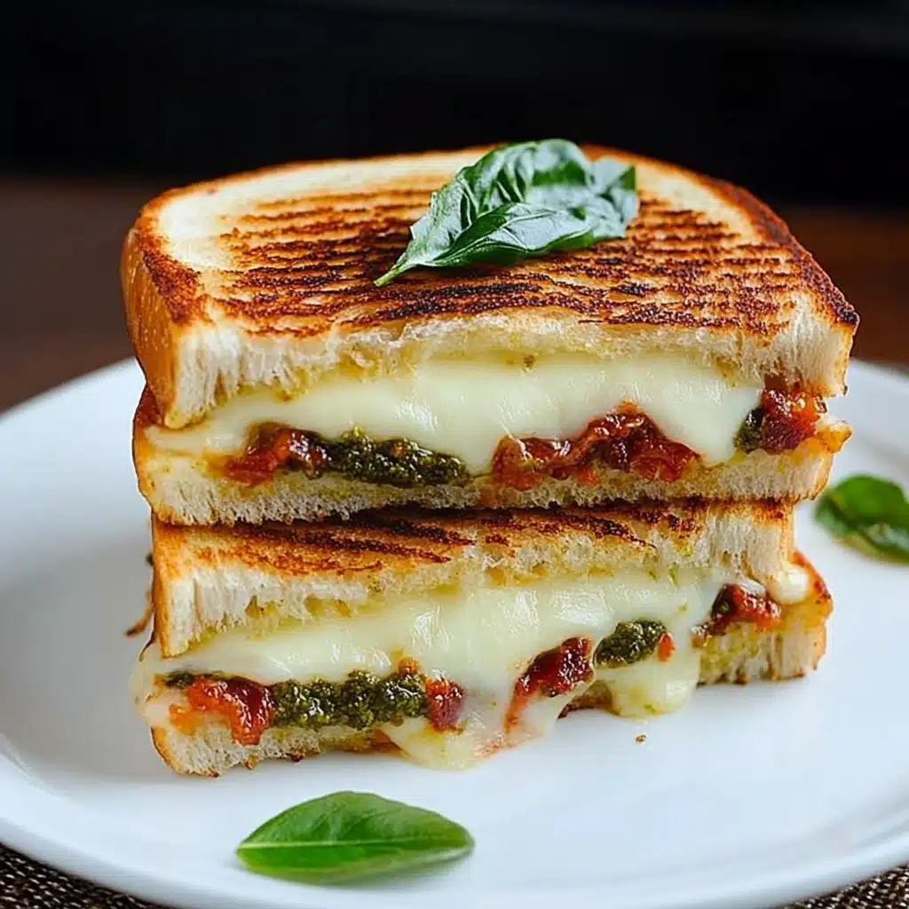 the sun dried tomato bacon pesto grilled cheese sandwich is cut in half and stacked on top of each other