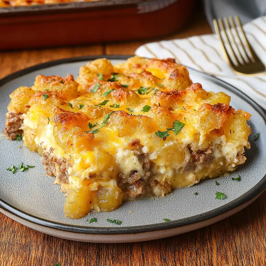 tater tot sausage breakfast casserole in a white dish on a wooden table