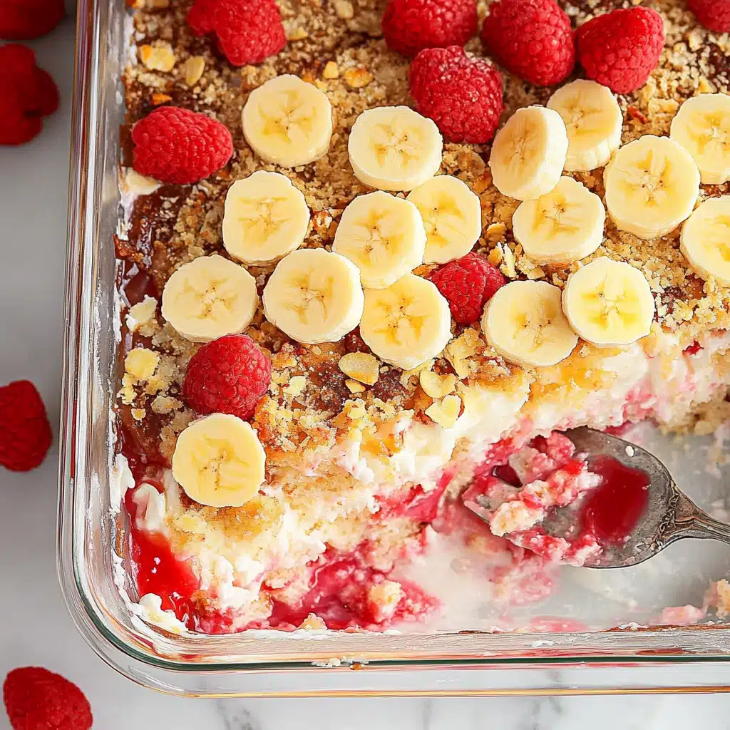 this banana split dump cake has strawberries and bananas on top