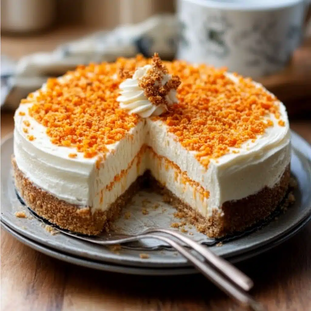 carrot cake cheesecake with white frosting and orange zest sprinkles