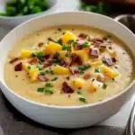 a bowl of soup with cheese and bacon in it next to bread on the side